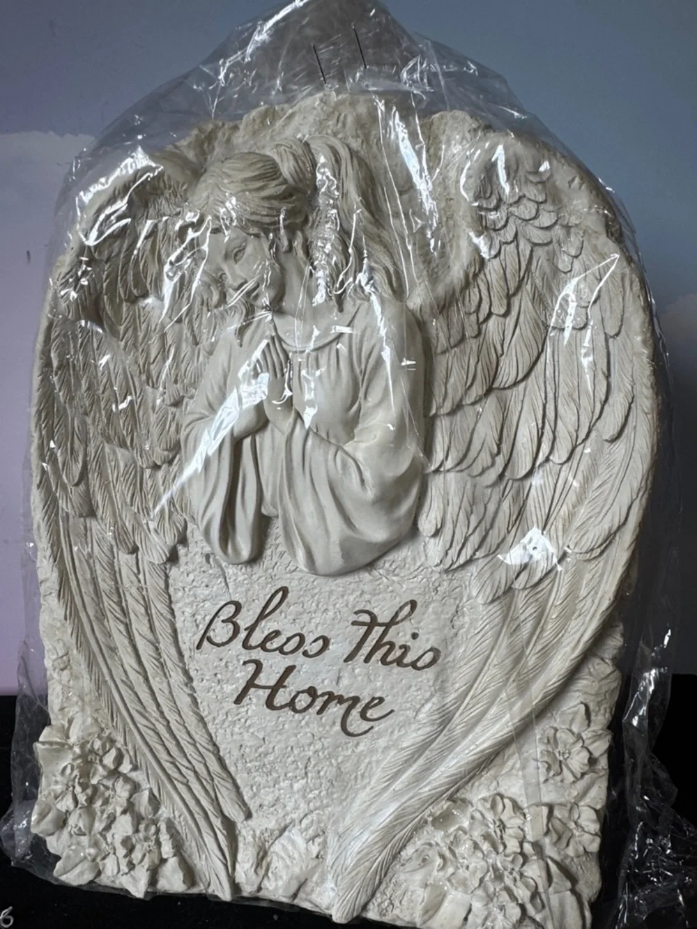 Angel Wings 'Bless This Home' polystone Wall Plaque - Cream